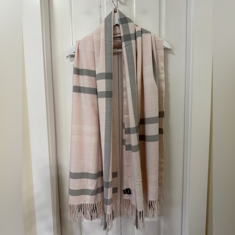Indigo Oversized Plaid Scarf | Blush & Grey | Fringe Trim